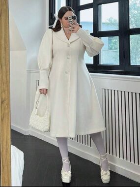 SHEIN Cream A-Line Pea Coat with Puff Sleeves